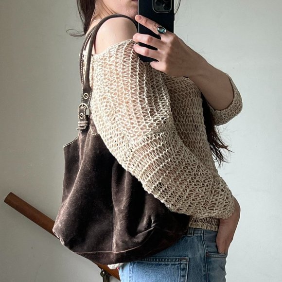 Vintage 90s Brown Suede Slouchy Hobo Grommet Leather Shoulder Bag Purse - Picture 3 of 7